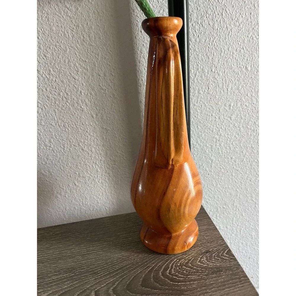 Vintage Hand Carved Wooden Bud Vase with Handle Mid Century Modern‎ Boho Decor